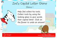 The intro screen with instructions on how to play the advanced capital letters game