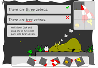 The correct sentence has been marked and now the player can drag a rocket jigsaw piece.