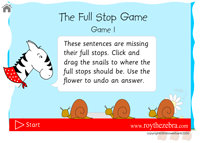 Intro screen of the advanced full stops game showing the game instructions