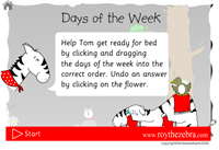 the intro screen for the days of the week high frequency words game