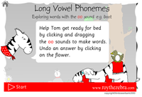 Intro screen showing instructions for the long vowel phoneme oo game