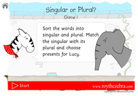 the introduction screen for the singular plural game showing Lucy and Roy the zebra