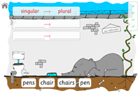 Screen showing the start of the singular plural game with empty word boxes