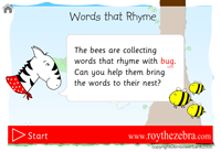 intro screen showing instructions for the words that rhyme with bug game