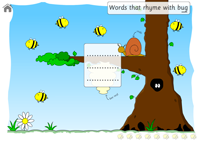 The start of the game with the bees, click on a bee and a word will appear