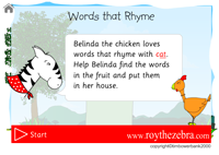 Intro screen for the words that rhyme with cat game - with instructions